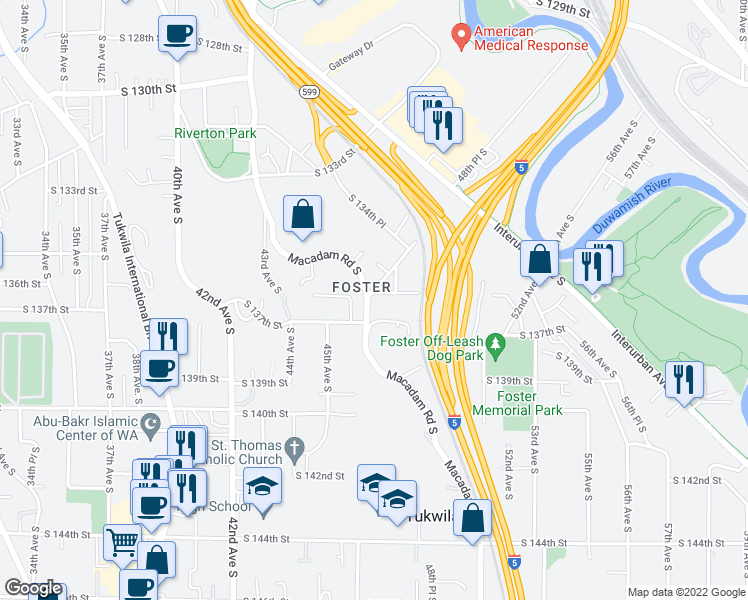 map of restaurants, bars, coffee shops, grocery stores, and more near 13604 Macadam Road South in Tukwila
