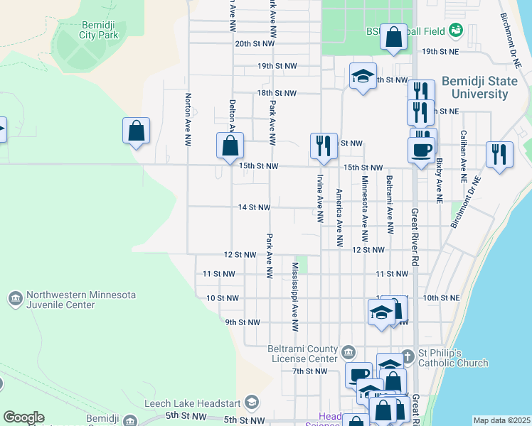 map of restaurants, bars, coffee shops, grocery stores, and more near 702 14 Street Northwest in Bemidji