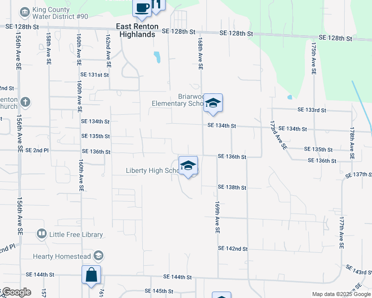 map of restaurants, bars, coffee shops, grocery stores, and more near 16626 Southeast 136th Street in Renton