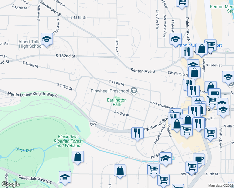 map of restaurants, bars, coffee shops, grocery stores, and more near 210 Thomas Avenue Southwest in Renton