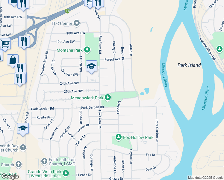 map of restaurants, bars, coffee shops, grocery stores, and more near 2200 Juniper Avenue in Great Falls