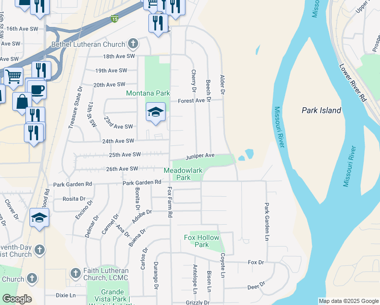 map of restaurants, bars, coffee shops, grocery stores, and more near 2200 Juniper Avenue in Great Falls