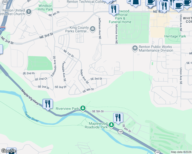 map of restaurants, bars, coffee shops, grocery stores, and more near 2930 Southeast 3rd Street in Renton