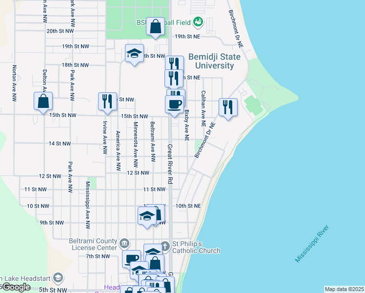map of restaurants, bars, coffee shops, grocery stores, and more near in Bemidji