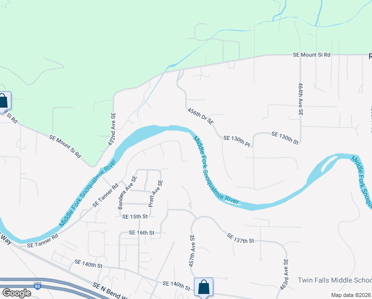 map of restaurants, bars, coffee shops, grocery stores, and more near 45605 Southeast Tanner Road in North Bend