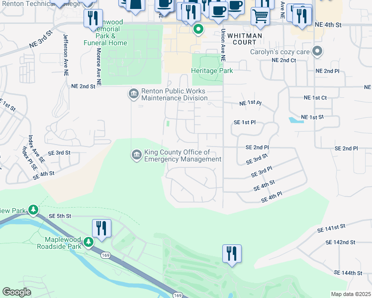 map of restaurants, bars, coffee shops, grocery stores, and more near 375 Union Avenue Southeast in Renton