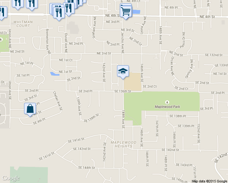 map of restaurants, bars, coffee shops, grocery stores, and more near 14241 Southeast 136th Street in Renton
