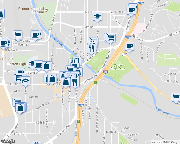 map of restaurants, bars, coffee shops, grocery stores, and more near 200 Mill Avenue South in Renton