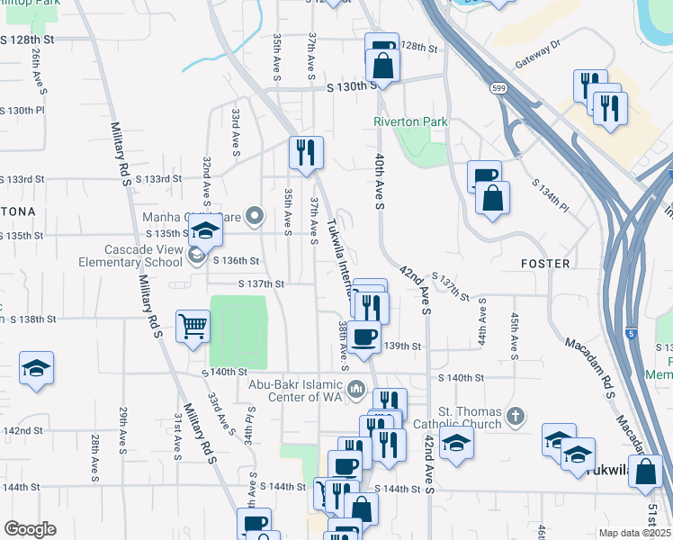 map of restaurants, bars, coffee shops, grocery stores, and more near 13558 37th Avenue South in Tukwila