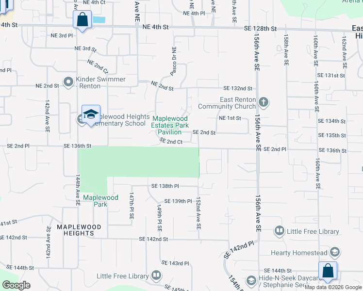 map of restaurants, bars, coffee shops, grocery stores, and more near 6005 SE 2nd Ct in Renton