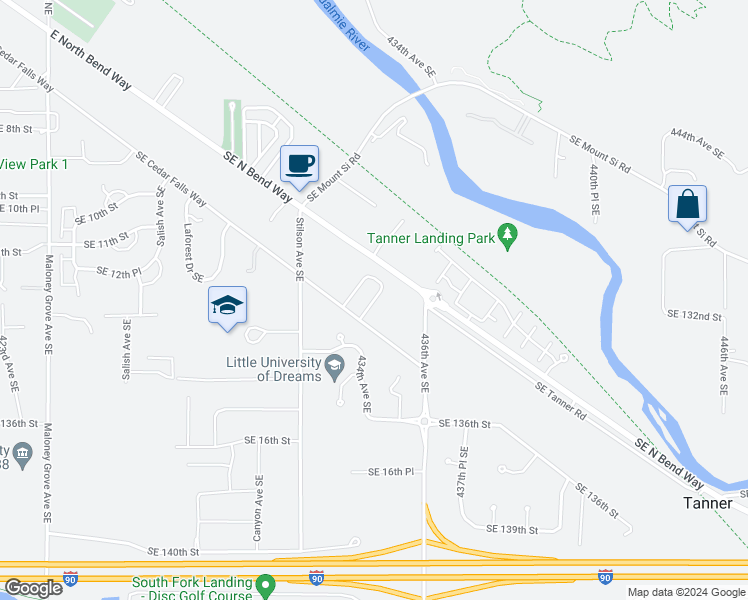 map of restaurants, bars, coffee shops, grocery stores, and more near 1278 Haystack Avenue Southeast in North Bend