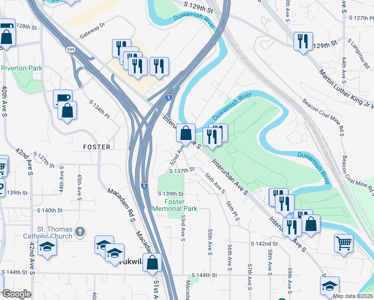 map of restaurants, bars, coffee shops, grocery stores, and more near 13526 53rd Avenue South in Tukwila