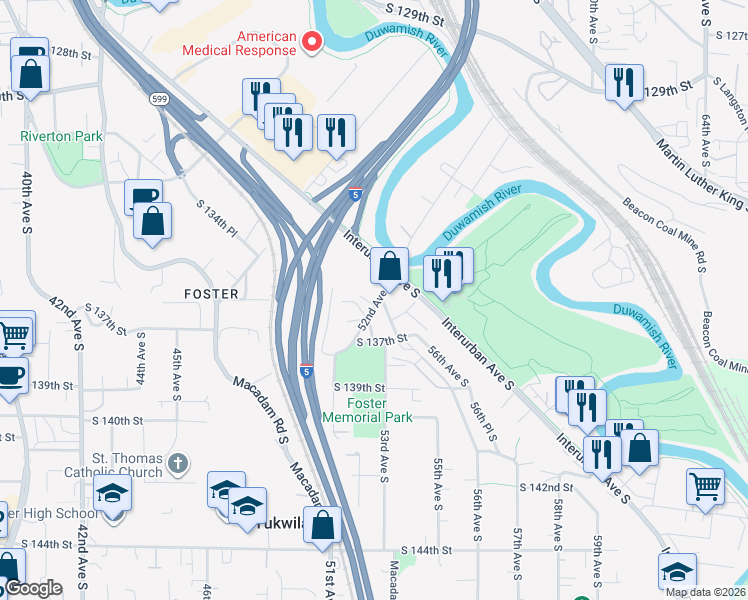 map of restaurants, bars, coffee shops, grocery stores, and more near 13526 53rd Avenue South in Tukwila