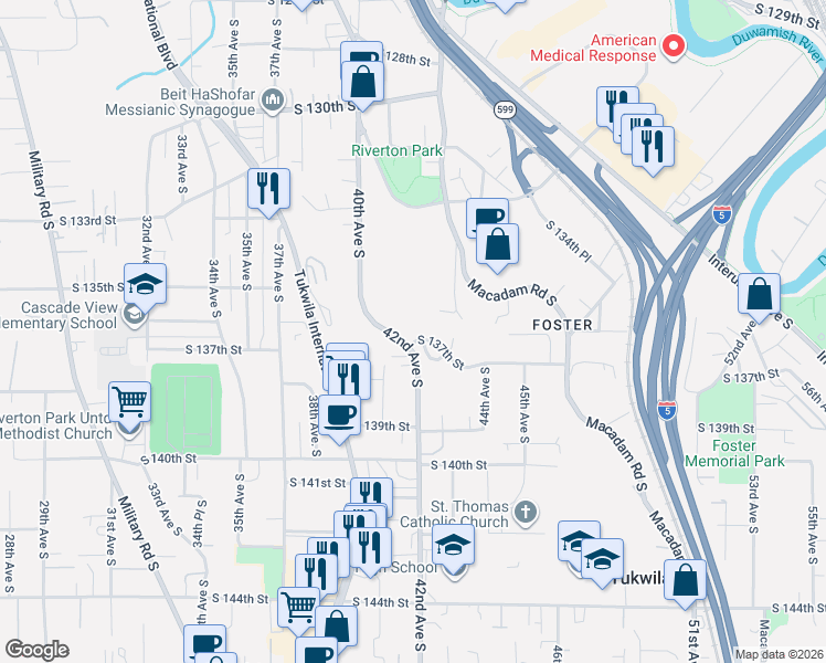 map of restaurants, bars, coffee shops, grocery stores, and more near 13701 43rd Place South in Tukwila