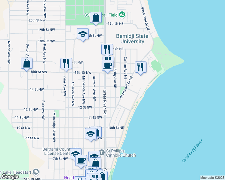 map of restaurants, bars, coffee shops, grocery stores, and more near in Bemidji