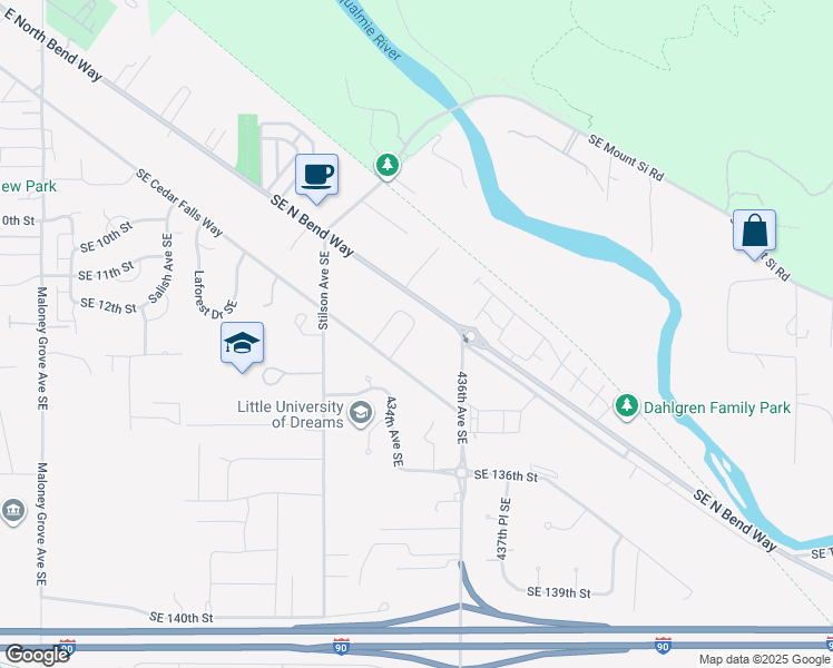 map of restaurants, bars, coffee shops, grocery stores, and more near 1242 Haystack Avenue SouthEast in North Bend
