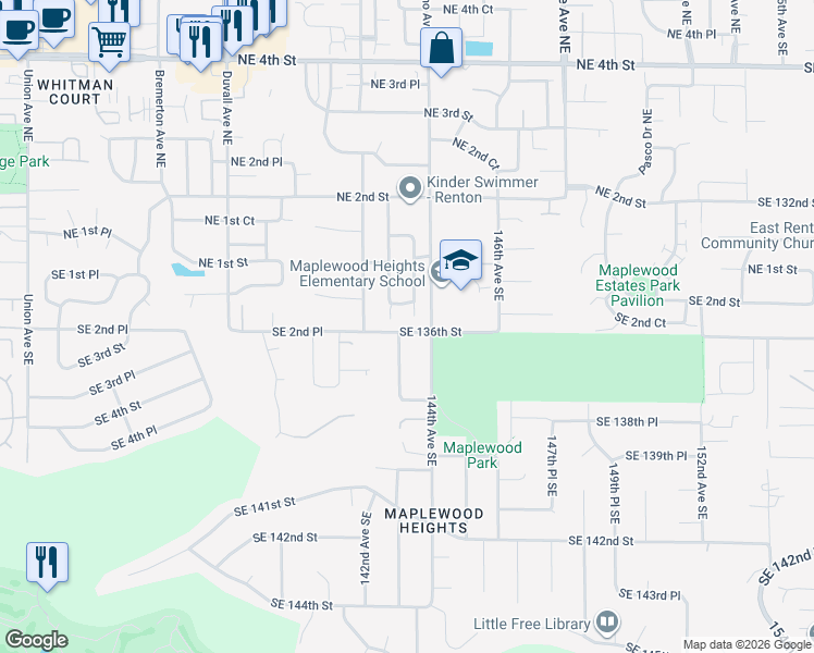 map of restaurants, bars, coffee shops, grocery stores, and more near 14241 Southeast 136th Street in Renton