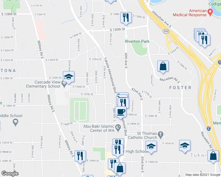 map of restaurants, bars, coffee shops, grocery stores, and more near 13552 37th Avenue South in Tukwila