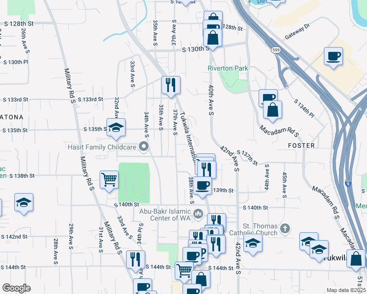 map of restaurants, bars, coffee shops, grocery stores, and more near 13552 37th Avenue South in Tukwila