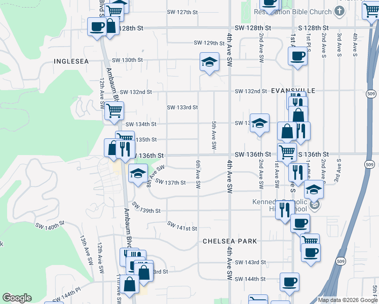map of restaurants, bars, coffee shops, grocery stores, and more near 614 Southwest 136th Street in Burien