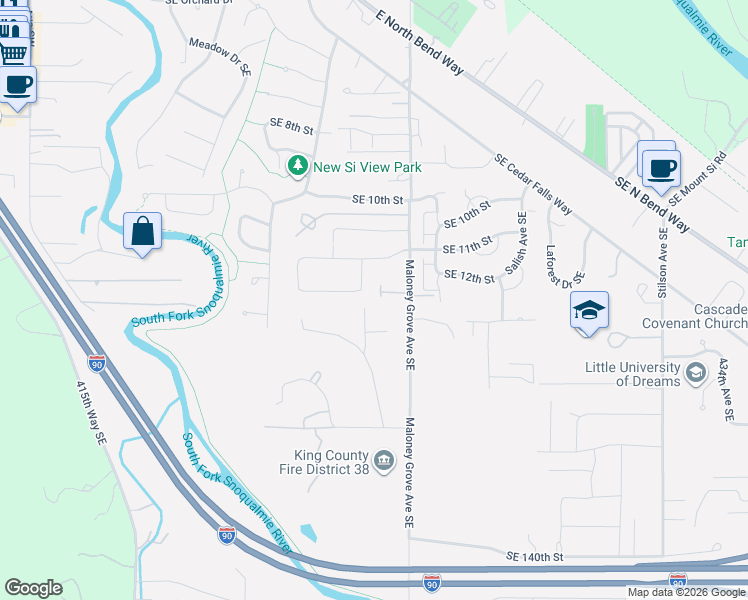 map of restaurants, bars, coffee shops, grocery stores, and more near 821 Southeast 12th Street in North Bend