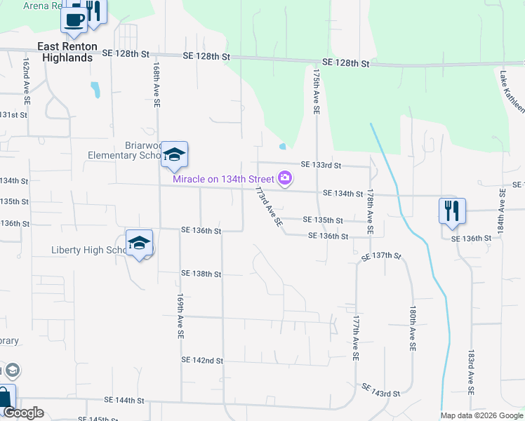 map of restaurants, bars, coffee shops, grocery stores, and more near 13454 172nd Avenue Southeast in Renton