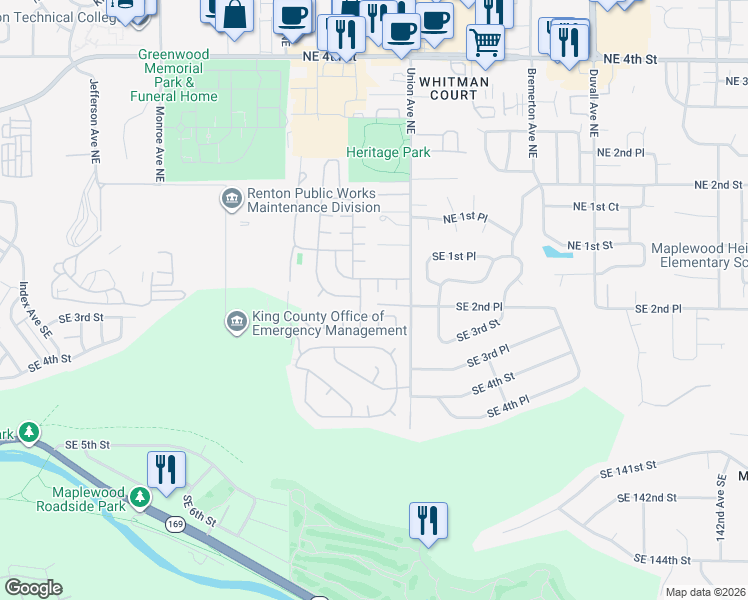 map of restaurants, bars, coffee shops, grocery stores, and more near 227 Union Avenue Southeast in Renton