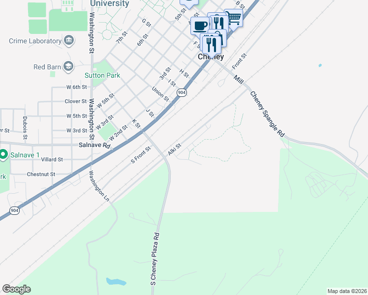 map of restaurants, bars, coffee shops, grocery stores, and more near 83 Alki Street in Cheney