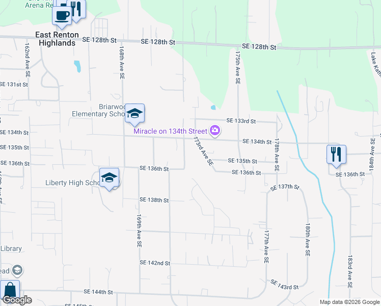 map of restaurants, bars, coffee shops, grocery stores, and more near 13454 172nd Avenue Southeast in Renton