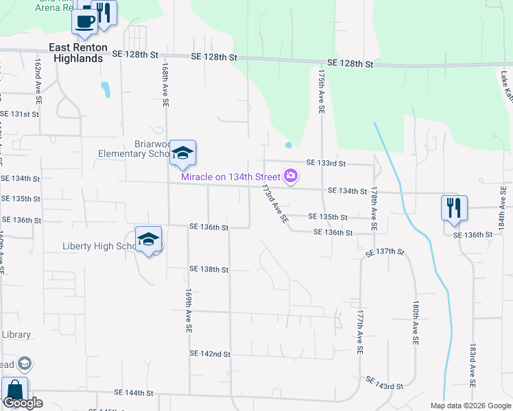 map of restaurants, bars, coffee shops, grocery stores, and more near 13454 172nd Avenue Southeast in Renton