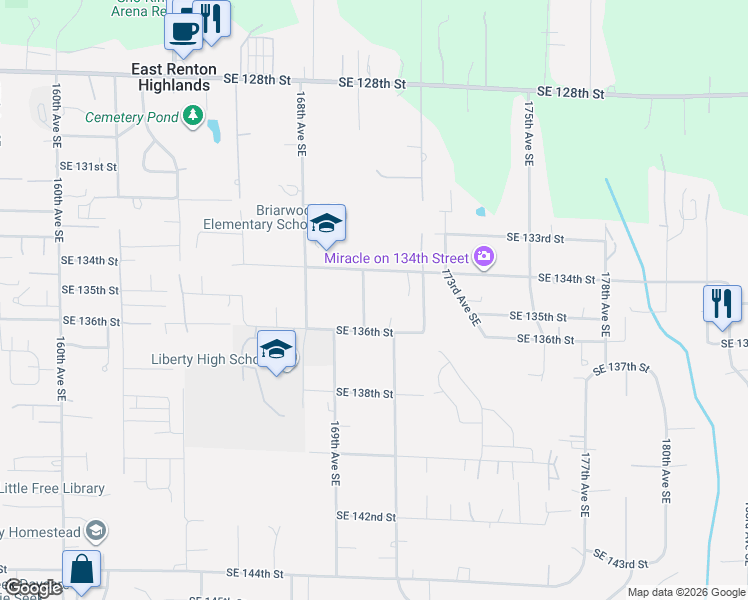 map of restaurants, bars, coffee shops, grocery stores, and more near 17010 Southeast 136th Street in Renton