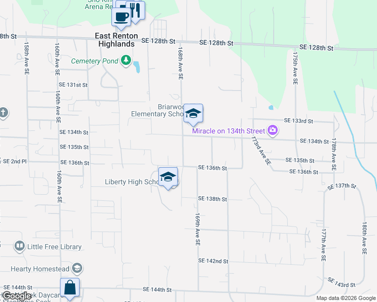 map of restaurants, bars, coffee shops, grocery stores, and more near 13430 168th Avenue Southeast in Renton