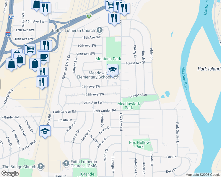map of restaurants, bars, coffee shops, grocery stores, and more near 908 25th Avenue Southwest in Great Falls