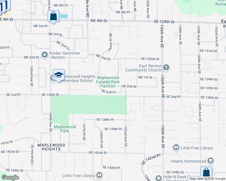 map of restaurants, bars, coffee shops, grocery stores, and more near 6005 Southeast 2nd Court in Renton