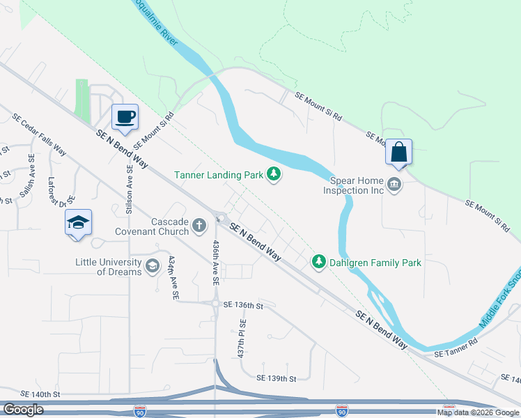 map of restaurants, bars, coffee shops, grocery stores, and more near 44124 Southeast North Bend Way in North Bend