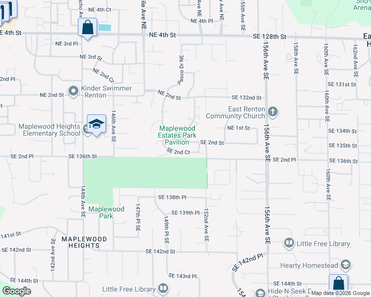 map of restaurants, bars, coffee shops, grocery stores, and more near 6005 Southeast 2nd Court in Renton