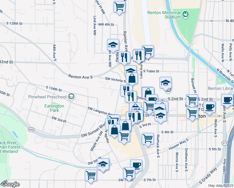map of restaurants, bars, coffee shops, grocery stores, and more near 263 Rainier Avenue South in Renton