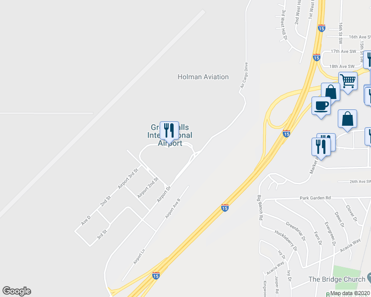 map of restaurants, bars, coffee shops, grocery stores, and more near 2701 Terminal Drive in Great Falls