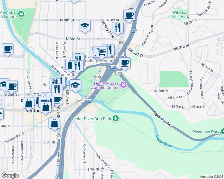 map of restaurants, bars, coffee shops, grocery stores, and more near Cedar River Park Drive in Renton
