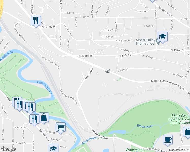 map of restaurants, bars, coffee shops, grocery stores, and more near 13445 Martin Luther King Junior Way South in Seattle