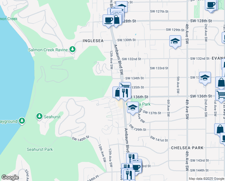 map of restaurants, bars, coffee shops, grocery stores, and more near 1210 Southwest 136th Street in Seattle