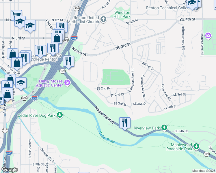 map of restaurants, bars, coffee shops, grocery stores, and more near 100 Blaine Avenue Northeast in Renton