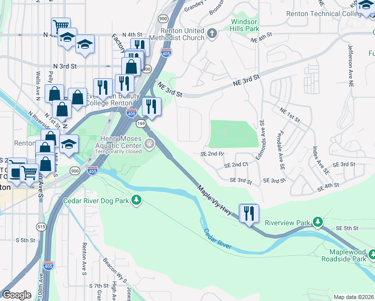 map of restaurants, bars, coffee shops, grocery stores, and more near 50 Monterey Drive Northeast in Renton