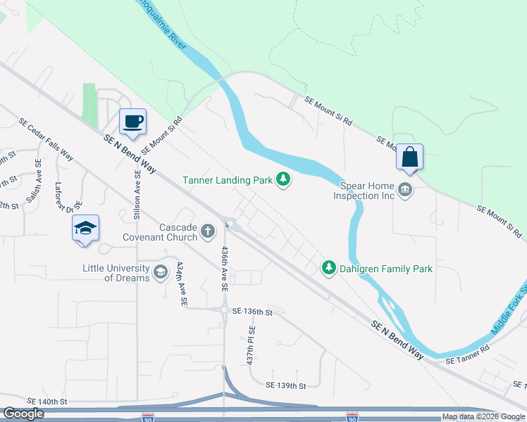 map of restaurants, bars, coffee shops, grocery stores, and more near 1936 Southeast 12th Street in North Bend