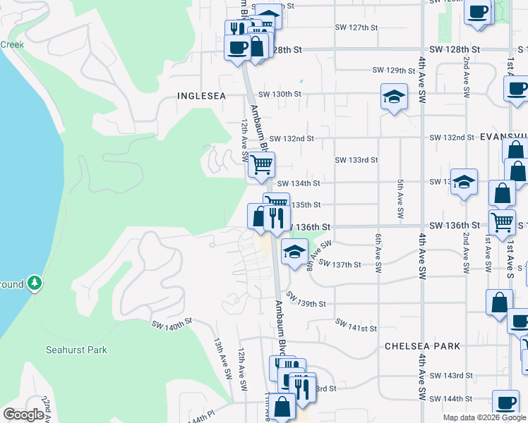 map of restaurants, bars, coffee shops, grocery stores, and more near 13505 Ambaum Boulevard Southwest in Burien