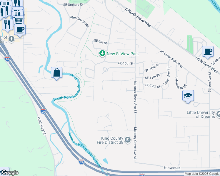 map of restaurants, bars, coffee shops, grocery stores, and more near 642 Southeast 12th Place in North Bend