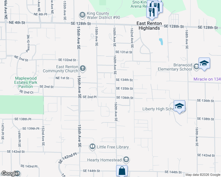 map of restaurants, bars, coffee shops, grocery stores, and more near 6802 Southeast 1st Place in Renton