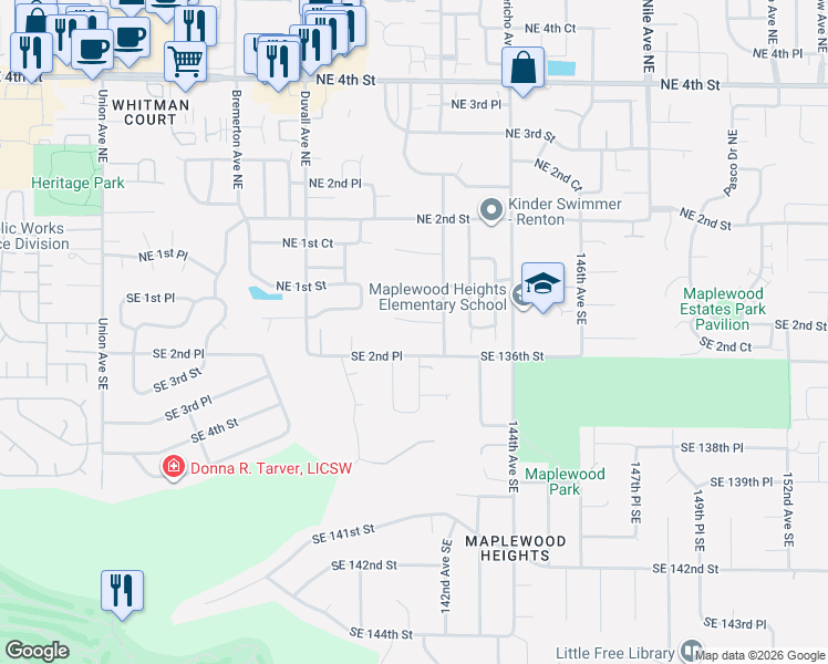 map of restaurants, bars, coffee shops, grocery stores, and more near 4914 Southeast 2nd Street in Renton