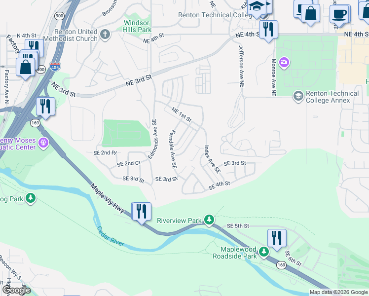 map of restaurants, bars, coffee shops, grocery stores, and more near 164 Glennwood Avenue Southeast in Renton