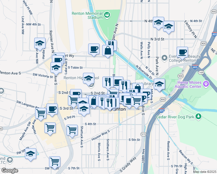map of restaurants, bars, coffee shops, grocery stores, and more near 107 Logan Avenue South in Renton
